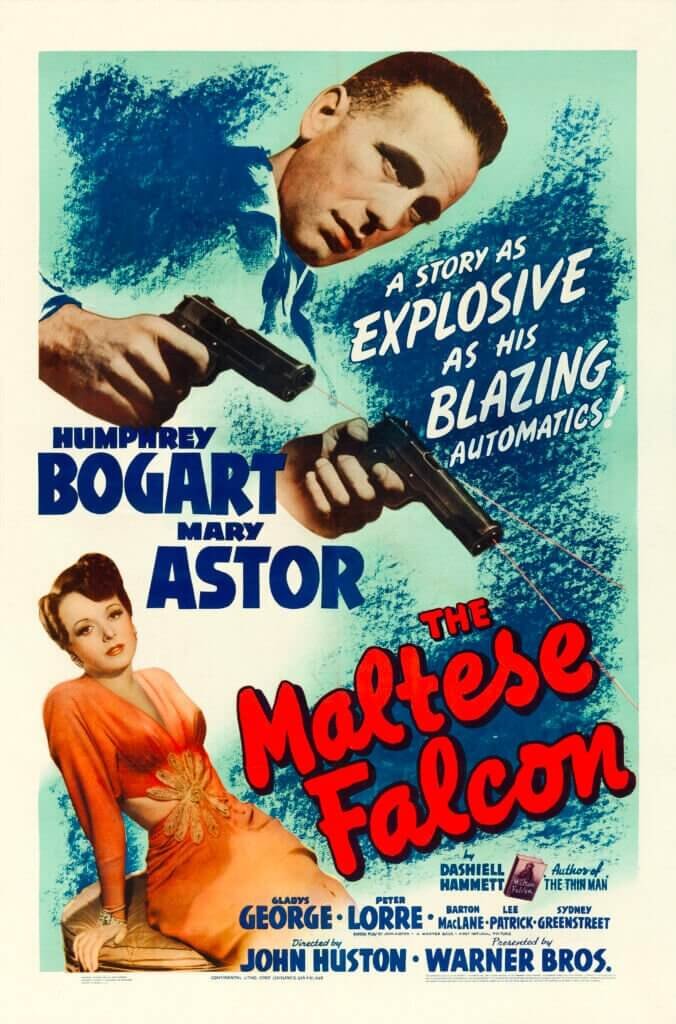 Póster de la película estadounidense de 1941 The Maltese Falcon (El halcón maltés), la tercera adaptación de la novela de Dashiell Hammett de 1930 The Maltese Falcon y la segunda con ese mismo nombre.