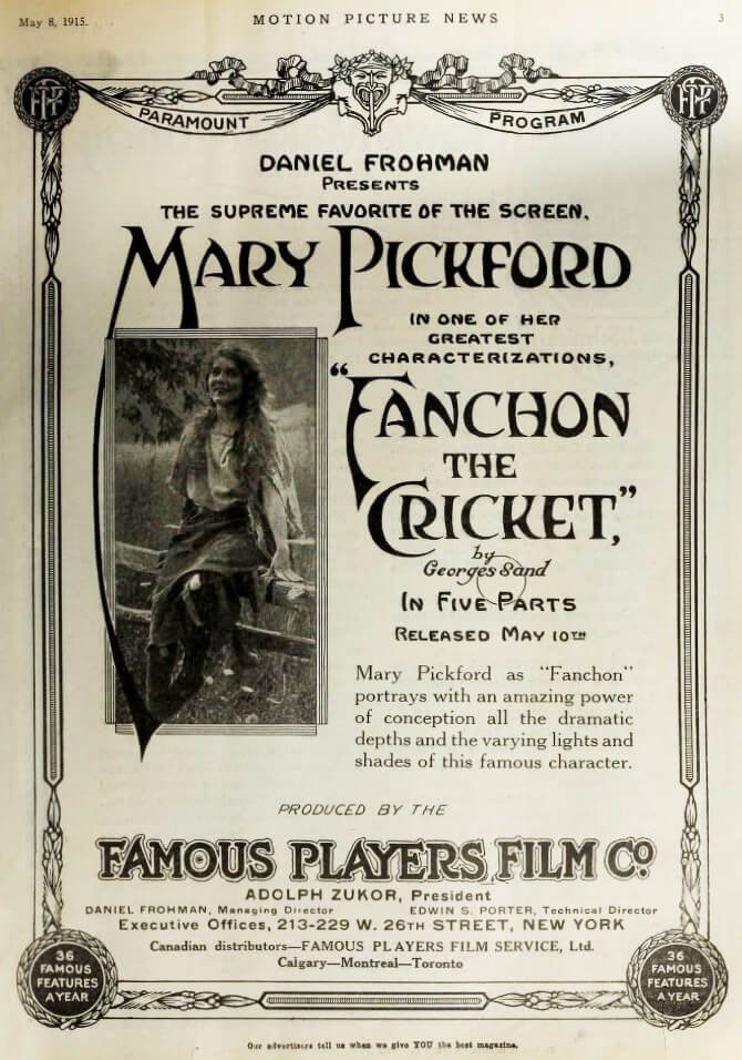 Publicidad de la película Fanchon the Cricket